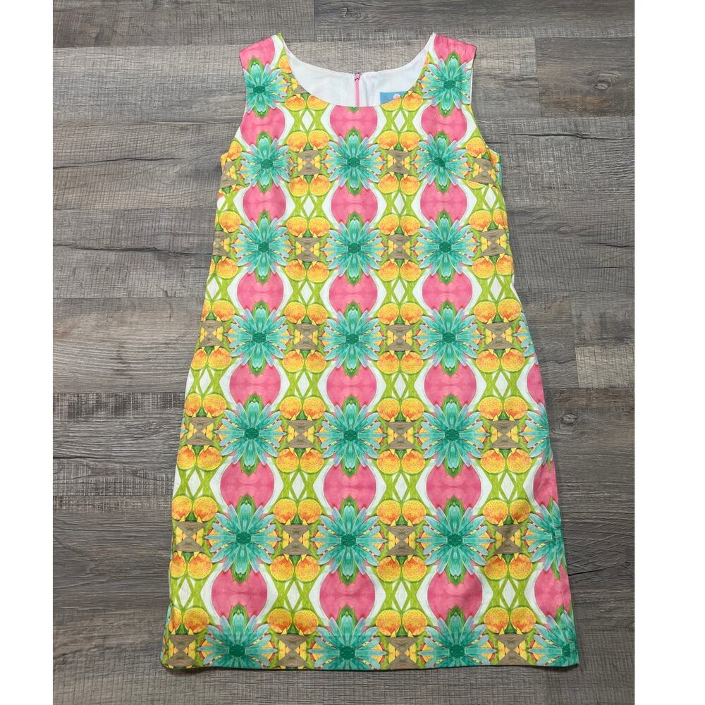 Kaeli Smith Large Cotton Midi Dress Geometric Fruit Print Pockets Prep Colorful
